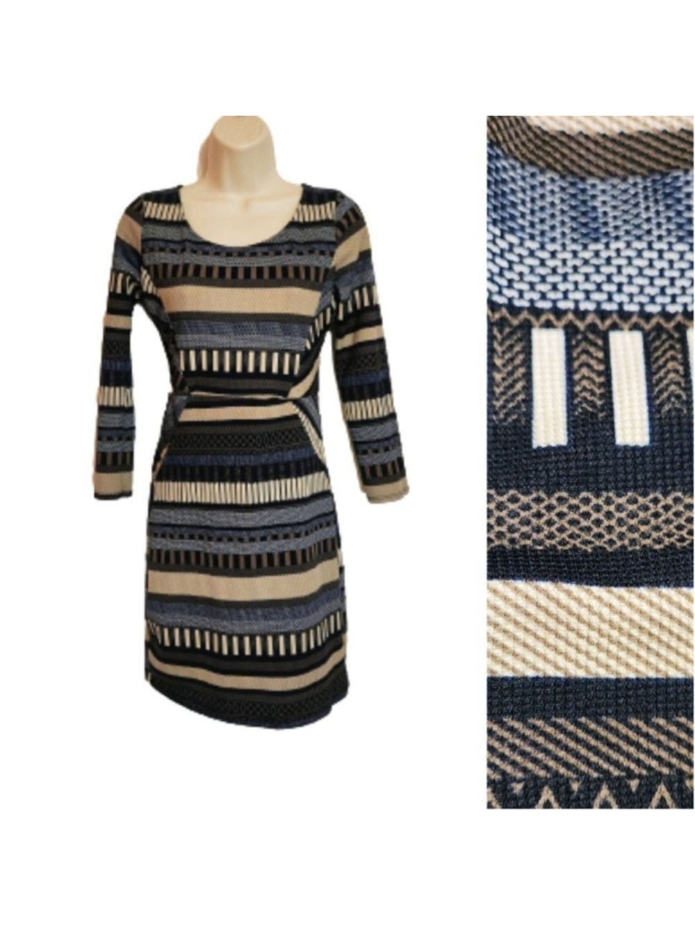Black Bead Bold Textured Striped Knit Bodycon Mini Dress Blue & Tan Large